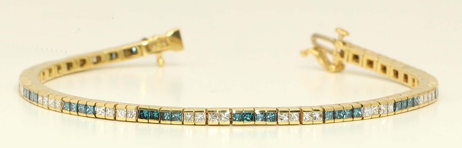  18k Yellow Gold Princess Channel Setting dress diamond tennis bracelet(3.2 ct Blue(Irradiated) & White)